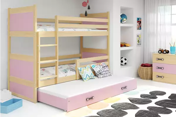 Visualizzazione per Letto giovanile a tre posti RICO 90X190 con materasso e cassetto, pino/rosa