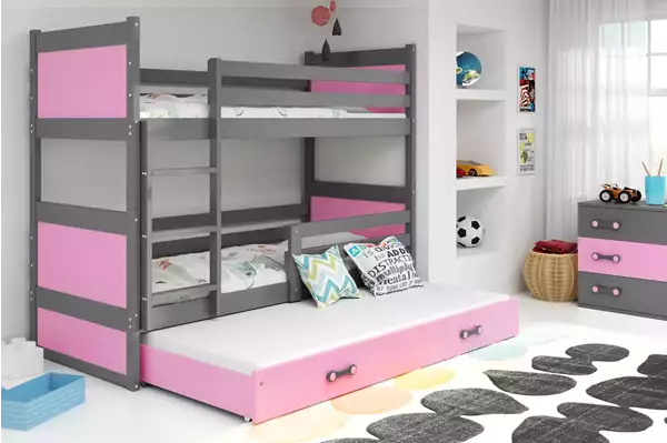 Visualizzazione per Letto giovanile triplo RICO 90x200 con cassetto, grafite/rosa Visualizzazione per Letto giovanile triplo RICO 90x200 con cassetto, grafite/rosa