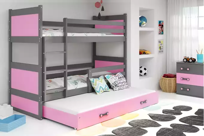 Visualizzazione per Letto giovanile triplo RICO 90x200 con cassetto, grafite/rosa