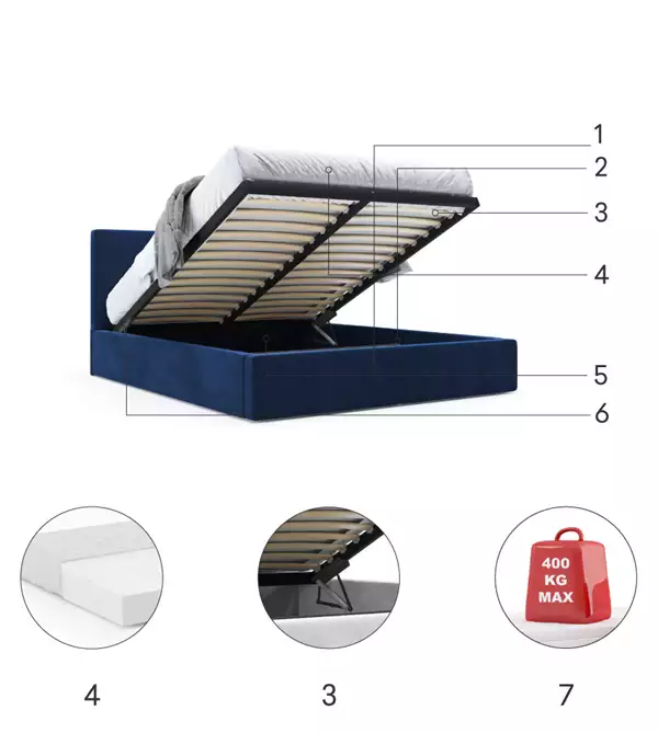 Letto Imbottito 120x200 - Hilton Con Contenitore, Blu Czesci Skladowe