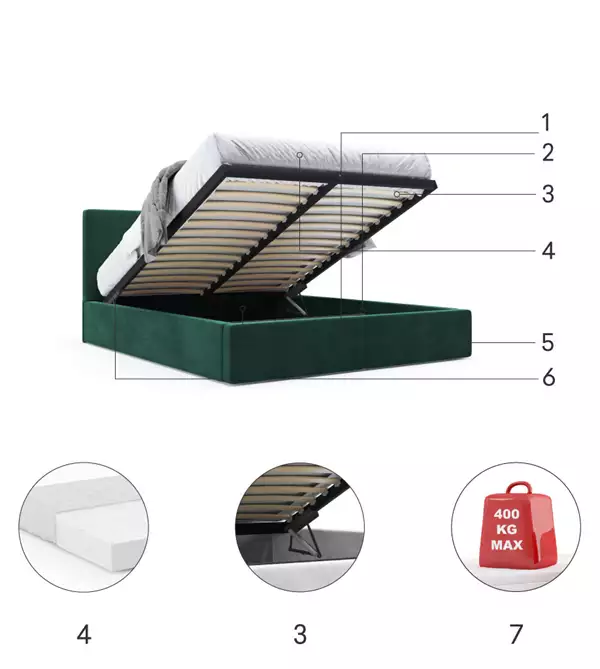 Letto Imbottito 120x200 - Hilton Con Contenitore, Verde Czesci Skladowe Letto Imbottito 120x200 - Hilton Con Contenitore, Verde Czesci Skladowe