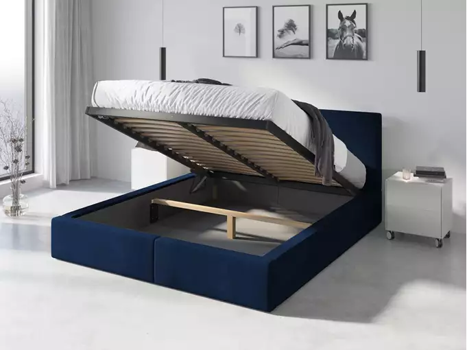 Visuale per Letto imbottito 160x200 - Hilton con contenitore e materasso, blu