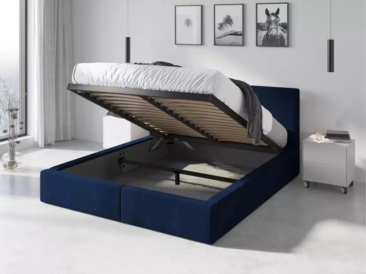 Visualizzazione per Letto imbottito HILTON 140x200 con materasso e contenitore, blu