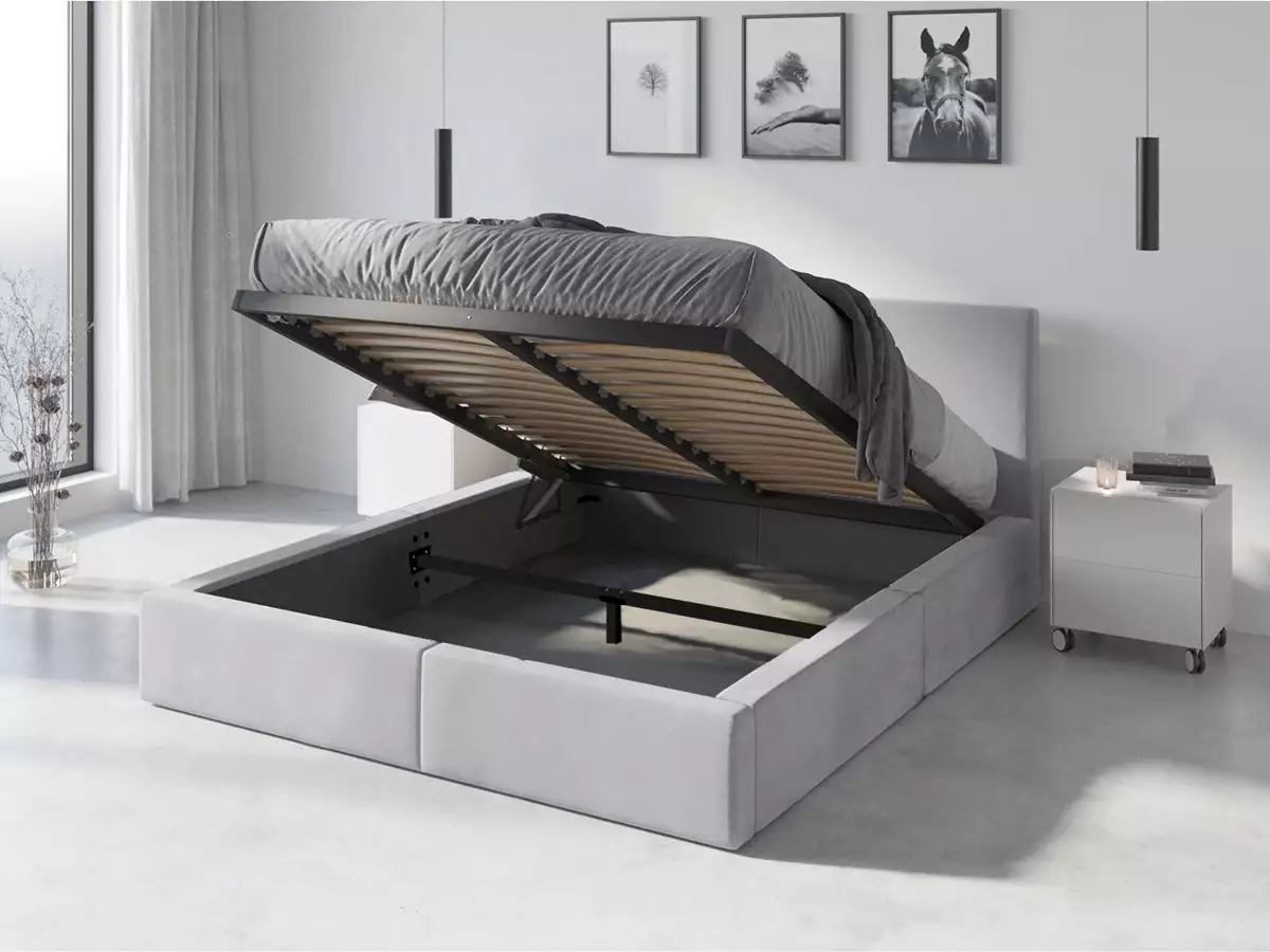 Visualizzazione per Letto imbottito HILTON 140x200 con materasso e contenitore, grigio