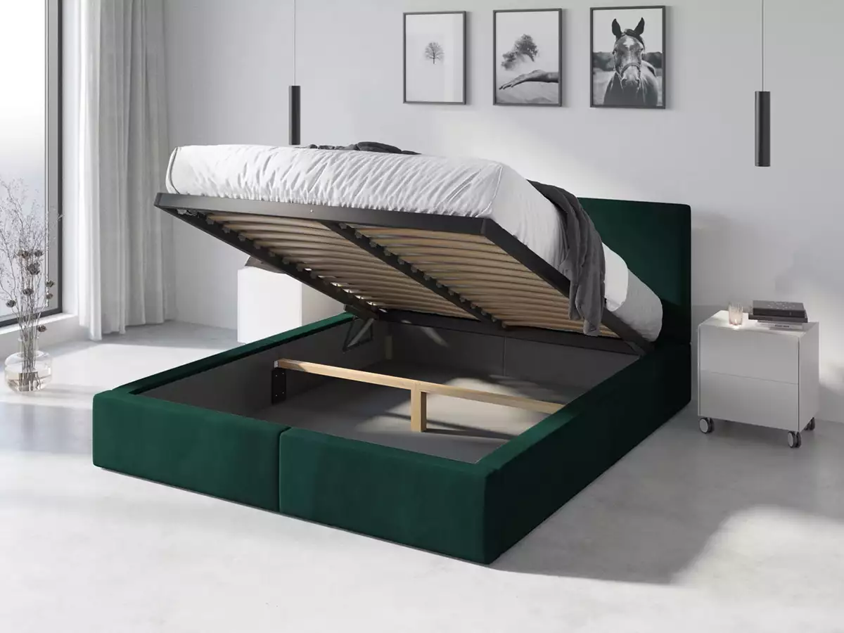 Visualizzazione per Letto imbottito HILTON 140x200 con materasso e contenitore, verde