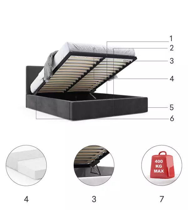 Componenti del Letto imbottito HILTON 180x200 con contenitore, grafite Componenti del Letto imbottito HILTON 180x200 con contenitore, grafite