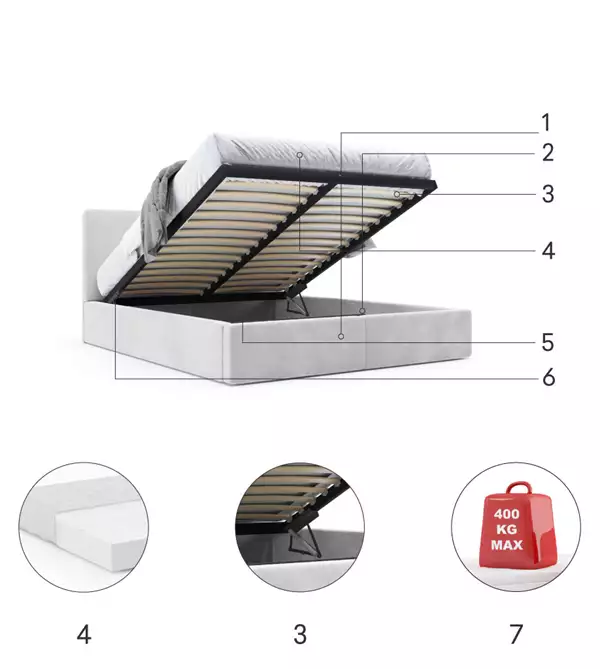 Componenti del Letto imbottito HILTON 180x200 con contenitore, grigio Componenti del Letto imbottito HILTON 180x200 con contenitore, grigio