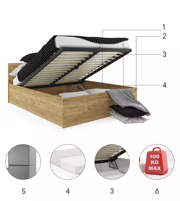 Componenti del Letto matrimoniale PANAMAX 140X200 con materasso e contenitore, kraft