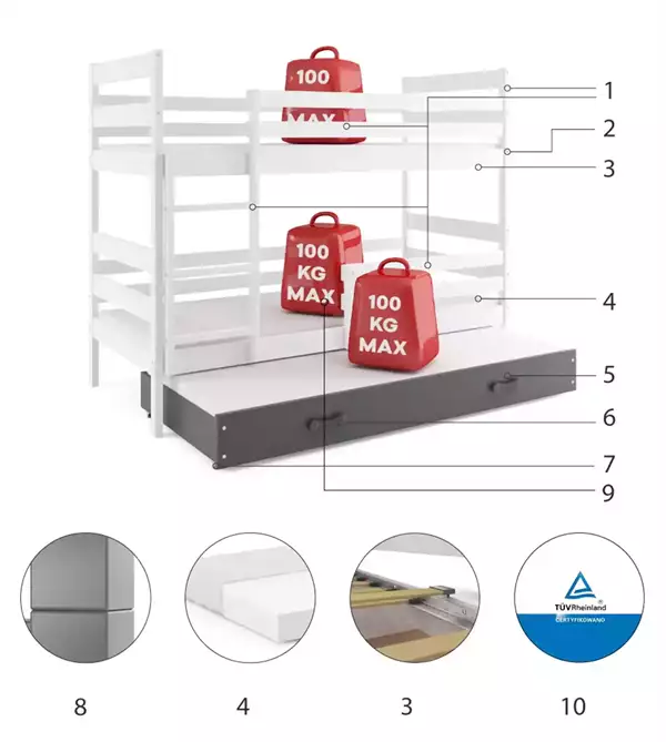 Componenti del Letto per adolescenti a tre posti ERYK 90X200 con materasso e cassetto, bianco/grafite Componenti del Letto per adolescenti a tre posti ERYK 90X200 con materasso e cassetto, bianco/grafite