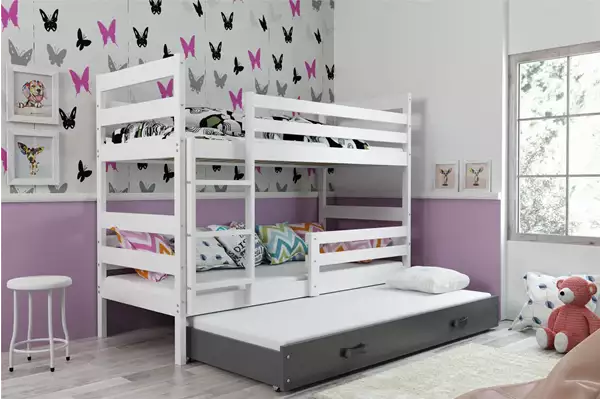 Visualizzazione per Letto per adolescenti a tre posti ERYK 90X200 con materasso e cassetto, bianco/grafite Visualizzazione per Letto per adolescenti a tre posti ERYK 90X200 con materasso e cassetto, bianco/grafite