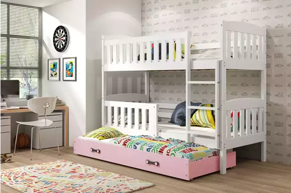 Visualizzazione per Letto per adolescenti a tre posti KUBUŚ 90X190 con cassetto, bianco/rosa Visualizzazione per Letto per adolescenti a tre posti KUBUŚ 90X190 con cassetto, bianco/rosa