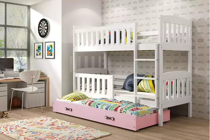 Visualizzazione per Letto per adolescenti a tre posti KUBUŚ 90X190 con cassetto, bianco/rosa