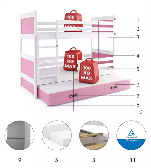 Componenti del Letto per adolescenti a tre posti RICO 90x200 con cassetto, bianco/rosa