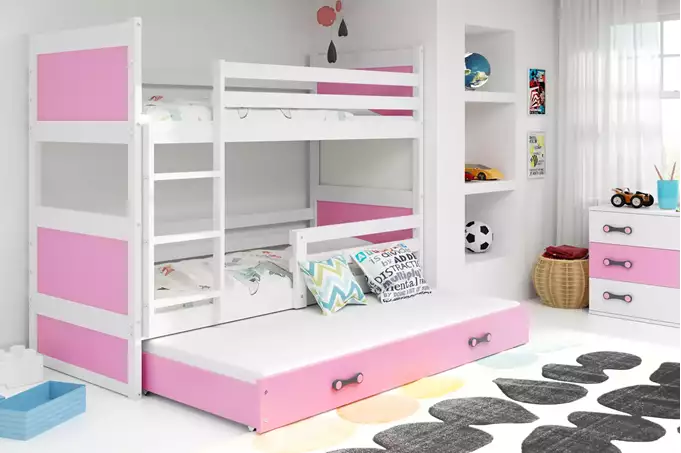 Visualizzazione per Letto per adolescenti a tre posti RICO 90x200 con cassetto, bianco/rosa