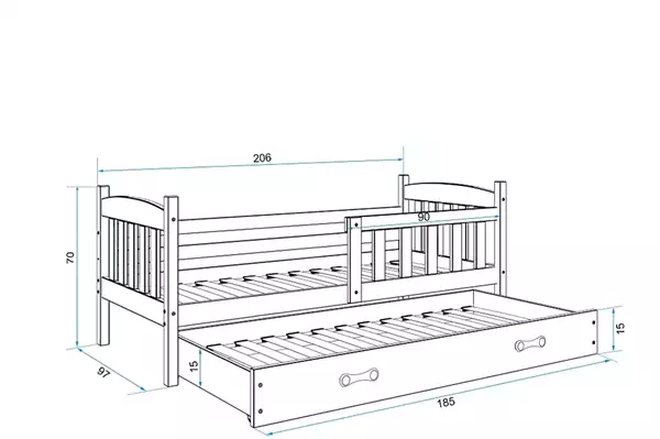 Misura del Letto per adolescenti estraibile KUBUŚ 90X200 con materasso e cassetto, bianco/blu Misura del Letto per adolescenti estraibile KUBUŚ 90X200 con materasso e cassetto, bianco/blu