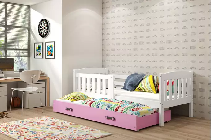 Visualizzazione per Letto per bambini estraibile KUBUŚ 80x160 con materasso e cassetto, bianco/rosa