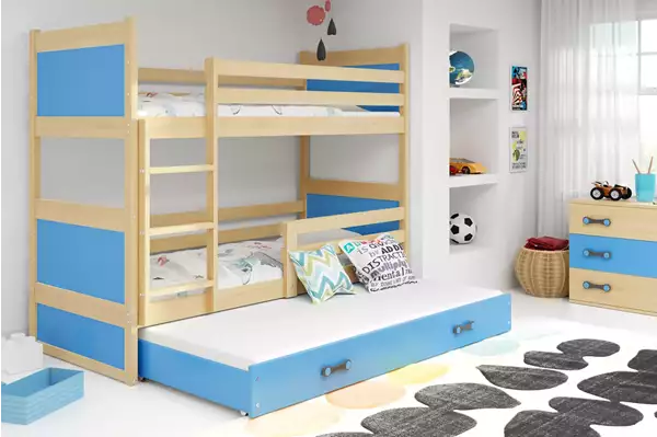 Visualizzazione per Letto per bambini triplo RICO 90x190 con cassetto, pino/blu Visualizzazione per Letto per bambini triplo RICO 90x190 con cassetto, pino/blu