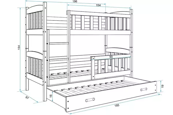 Misura del Letto per giovani a tre posti KUBUŚ 90x190 con materasso e cassetto, bianco/verde Misura del Letto per giovani a tre posti KUBUŚ 90x190 con materasso e cassetto, bianco/verde