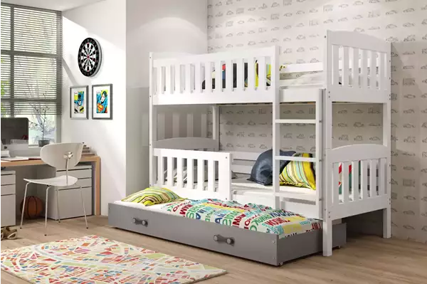 Visualizzazione per Letto per giovani a tre posti KUBUŚ 90X200 con cassetto, bianco/grafite Visualizzazione per Letto per giovani a tre posti KUBUŚ 90X200 con cassetto, bianco/grafite