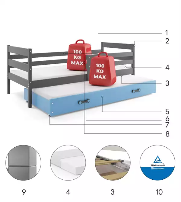 Componenti del Letto per giovani estraibile ERYK 90x200 con cassetto, grafite/blu Componenti del Letto per giovani estraibile ERYK 90x200 con cassetto, grafite/blu