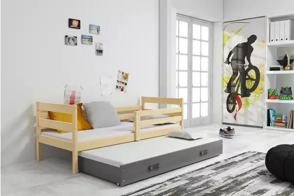 Visualizzazione per Letto per giovani estraibile ERYK 90X200 con materasso e cassetto, pino/grafite Visualizzazione per Letto per giovani estraibile ERYK 90X200 con materasso e cassetto, pino/grafite