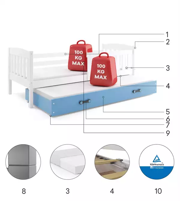 Componenti del Letto per giovani estraibile KUBUŚ 90x190 con materasso e cassetto, bianco/blu