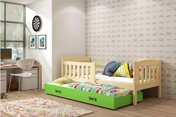 Visualizzazione per Letto per giovani estraibile KUBUŚ 90X200 con materasso e cassetto, pino/verde Visualizzazione per Letto per giovani estraibile KUBUŚ 90X200 con materasso e cassetto, pino/verde
