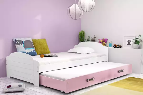 Visualizzazione per Letto per giovani estraibile LILI 90X200 con materasso e cassetto, bianco/rosa Visualizzazione per Letto per giovani estraibile LILI 90X200 con materasso e cassetto, bianco/rosa