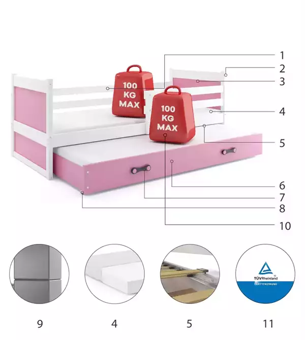 Componenti del Letto per giovani estraibile RICO 90X200 con cassetto, bianco/rosa