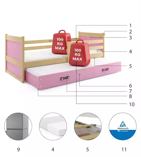 Componenti del Letto per giovani estraibile RICO 90x200 con cassetto, pino/rosa Componenti del Letto per giovani estraibile RICO 90x200 con cassetto, pino/rosa