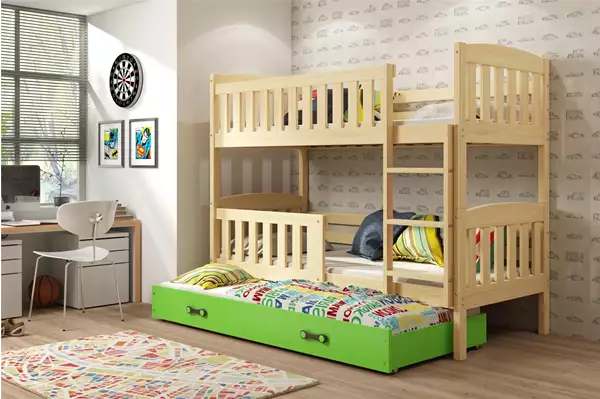 Visualizzazione per Letto per giovani tre posti KUBUŚ 90x190 con materasso e cassetto, pino/verde Visualizzazione per Letto per giovani tre posti KUBUŚ 90x190 con materasso e cassetto, pino/verde