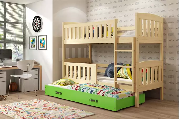 Visualizzazione per Letto per giovani tre posti KUBUŚ 90x190 con materasso e cassetto, pino/verde