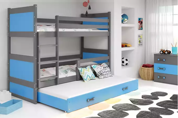 Visualizzazione per Letto per giovani tre posti RICO 90x200 con cassetto, grafite/blu