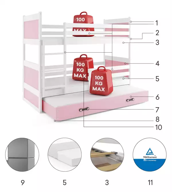 Componenti del Letto per giovani triplo RICO 90X190 con cassetto, bianco/rosa Componenti del Letto per giovani triplo RICO 90X190 con cassetto, bianco/rosa