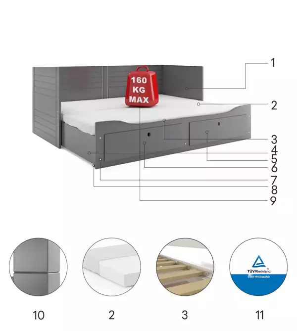 Componenti del Letto per ragazzi a due piazze estensibile HERMES 80X200 con cassetto, grafite Componenti del Letto per ragazzi a due piazze estensibile HERMES 80X200 con cassetto, grafite