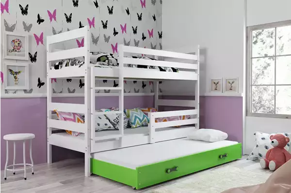 Visualizzazione per Letto per ragazzi a tre posti ERYK 90X200 con cassetto, bianco/verde Visualizzazione per Letto per ragazzi a tre posti ERYK 90X200 con cassetto, bianco/verde