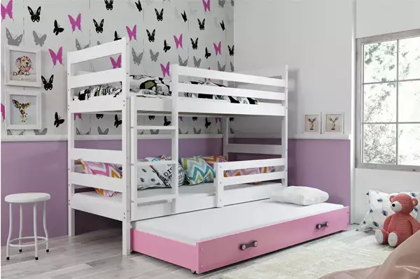 Visualizzazione per Letto per ragazzi a tre posti ERYK 90x200 con materasso e cassetto, bianco/rosa Visualizzazione per Letto per ragazzi a tre posti ERYK 90x200 con materasso e cassetto, bianco/rosa