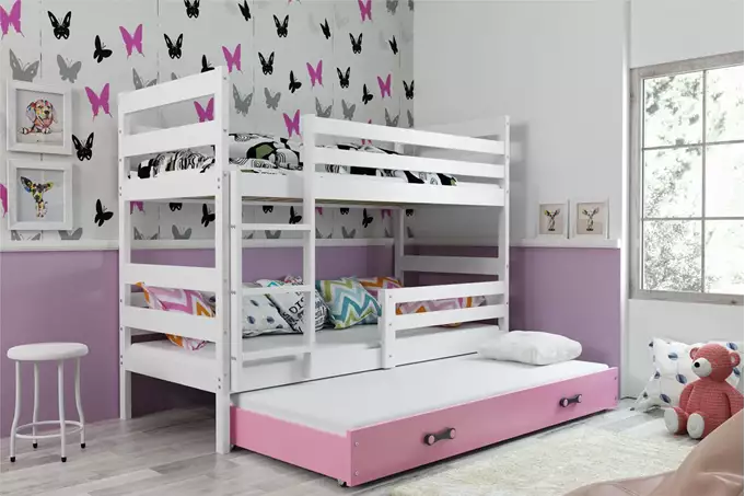 Visualizzazione per Letto per ragazzi a tre posti ERYK 90x200 con materasso e cassetto, bianco/rosa