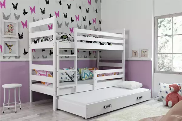 Visualizzazione per Letto per ragazzi a tre posti ERYK 90x200 con materasso e cassetto, bianco