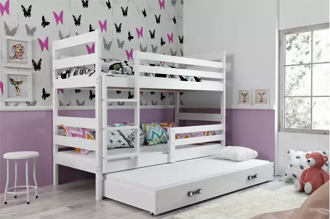 Visualizzazione per Letto per ragazzi a tre posti ERYK 90x200 con materasso e cassetto, bianco