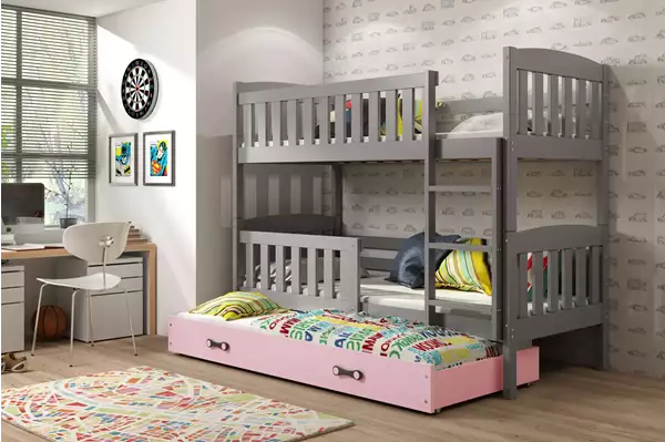 Visualizzazione per Letto per ragazzi a tre posti KUBUŚ 90X190 con cassetto, grafite/rosa Visualizzazione per Letto per ragazzi a tre posti KUBUŚ 90X190 con cassetto, grafite/rosa