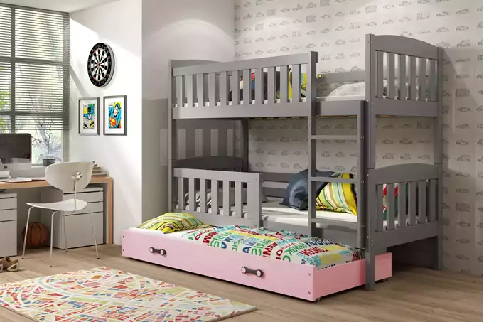 Visualizzazione per Letto per ragazzi a tre posti KUBUŚ 90X190 con cassetto, grafite/rosa