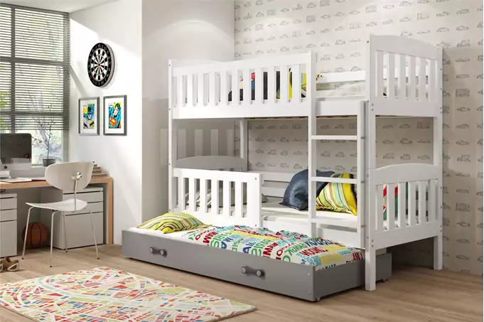 Visualizzazione per Letto per ragazzi a tre posti KUBUŚ 90X190 con materasso e cassetto, bianco/grafite