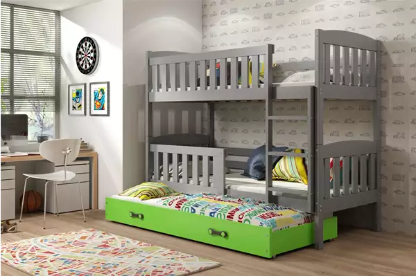 Visualizzazione per Letto per ragazzi a tre posti KUBUŚ 90X190 con materasso e cassetto, grafite/verde Visualizzazione per Letto per ragazzi a tre posti KUBUŚ 90X190 con materasso e cassetto, grafite/verde