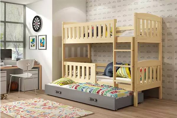 Visualizzazione per Letto per ragazzi a tre posti KUBUŚ 90x190 con materasso e cassetto, pino/grafite Visualizzazione per Letto per ragazzi a tre posti KUBUŚ 90x190 con materasso e cassetto, pino/grafite