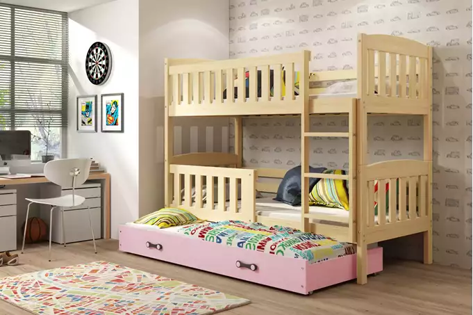 Visualizzazione per Letto per ragazzi a tre posti KUBUŚ 90X190 con materasso e cassetto, pino/rosa