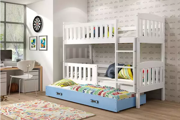 Visualizzazione per Letto per ragazzi a tre posti KUBUŚ 90X200 con cassetto, bianco/blu Visualizzazione per Letto per ragazzi a tre posti KUBUŚ 90X200 con cassetto, bianco/blu