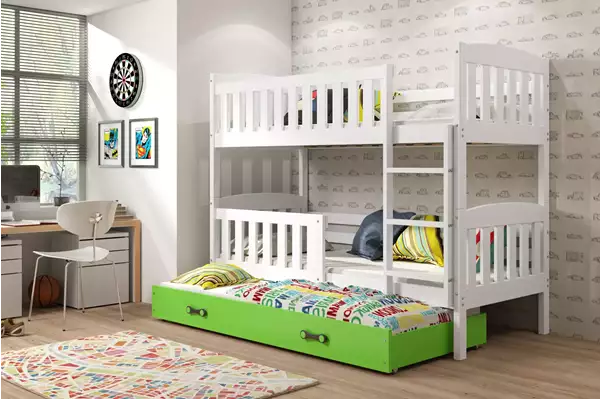 Visualizzazione per Letto per ragazzi a tre posti KUBUŚ 90x200 con cassetto, bianco/verde Visualizzazione per Letto per ragazzi a tre posti KUBUŚ 90x200 con cassetto, bianco/verde