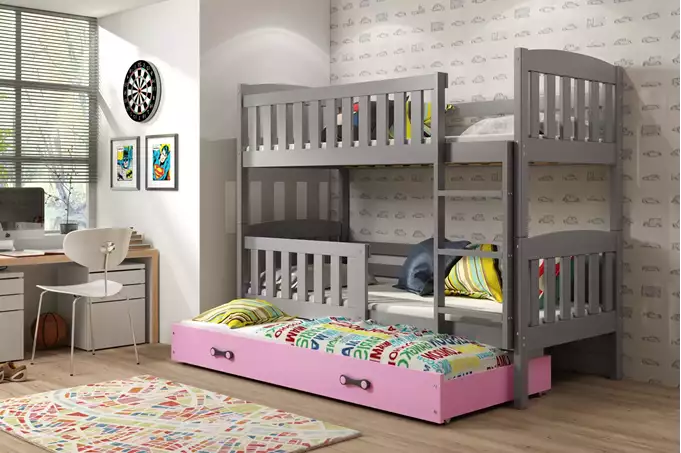 Visualizzazione per Letto per ragazzi a tre posti KUBUŚ 90x200 con cassetto, grafite/rosa