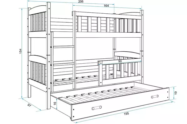 Misura del Letto per ragazzi a tre posti KUBUŚ 90X200 con cassetto, pino/blu